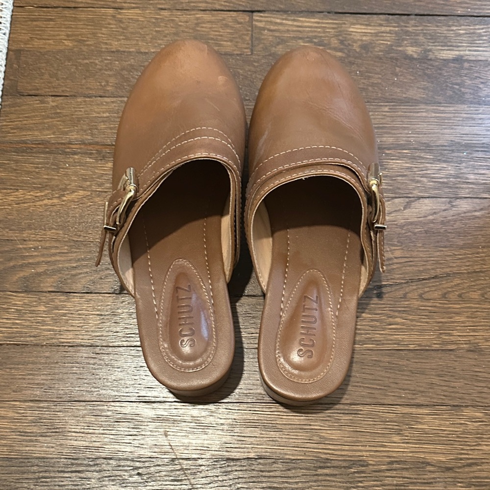 SCHUTZ Tan-Brown Leather Mule Slides with Gold Buckle Size 7 - Picture 3 of 5